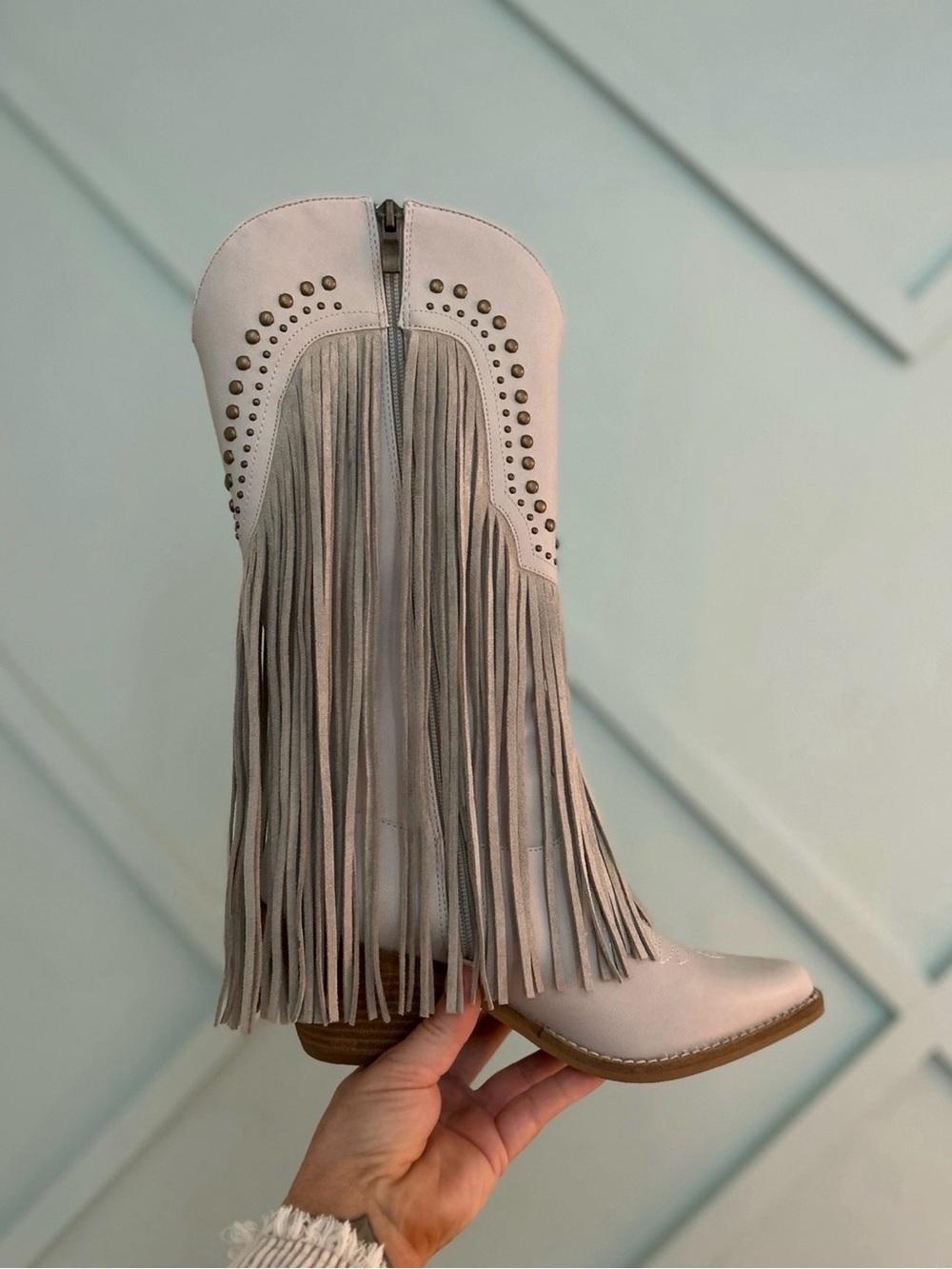 Fringe Western Knee-High Boot in Light Beige